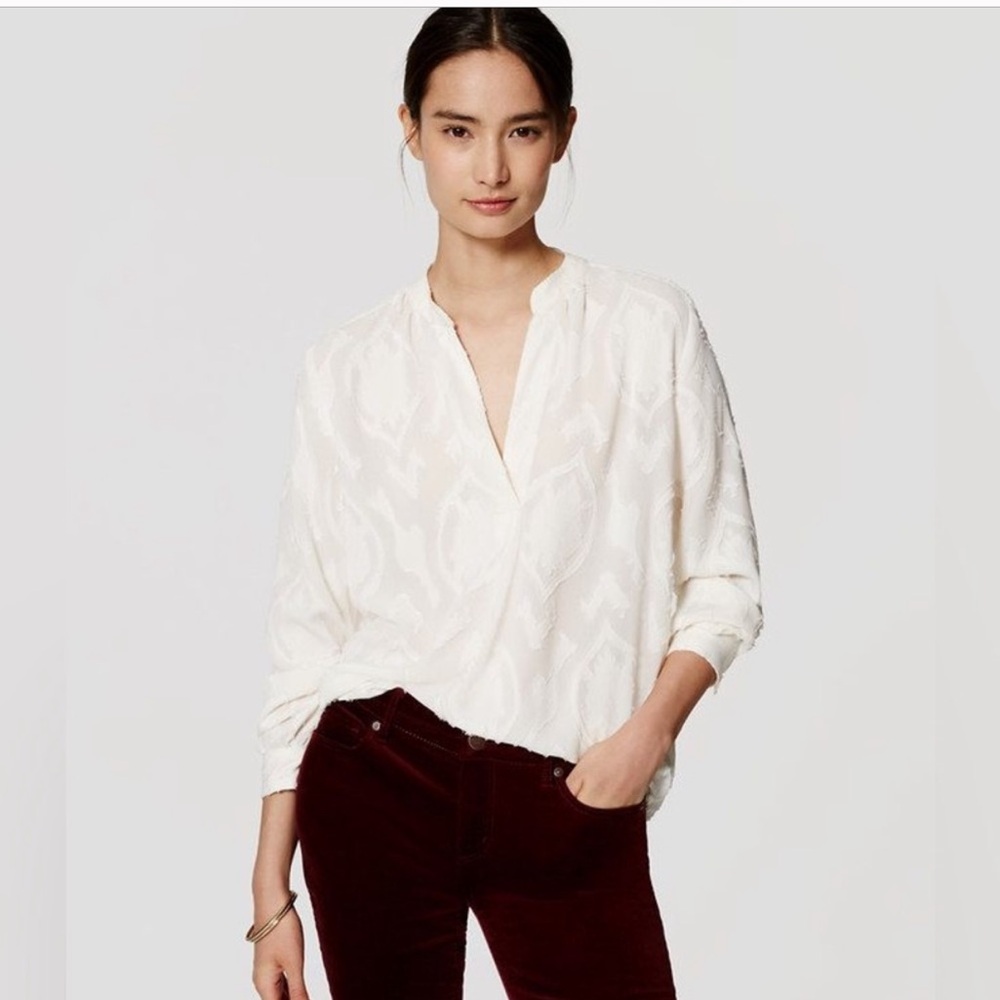 Loft Blossom Jacquard Cream LS Top Office Floral Feminine Boho Women’s Small